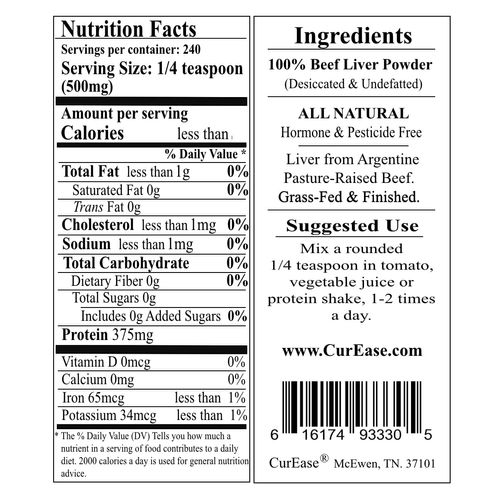 CurEase Beef Liver Powder - Argentine Grass Fed & Finished - Undefatted - 4.2 oz 240 Servings