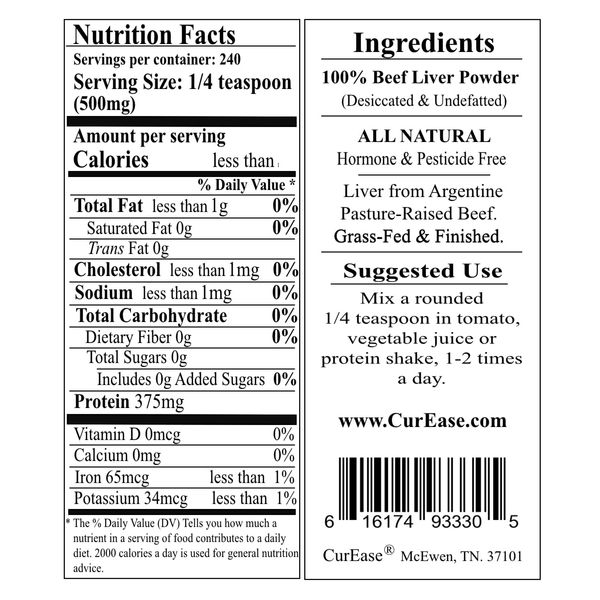 CurEase Beef Liver Powder - Argentine Grass Fed & Finished - Undefatted - 4.2 oz 240 Servings
