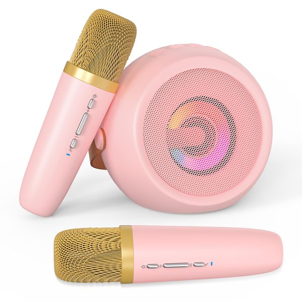 JUNGLE MONSTER Mini Karaoke Machine, Magic Voices Mini Karaoke Machine with 2 Wireless Microphones, LED Wireless Karaoke Machine for Kids, Kids Karaoke Machine for Christmas Birthday Gifts Toys - Pink