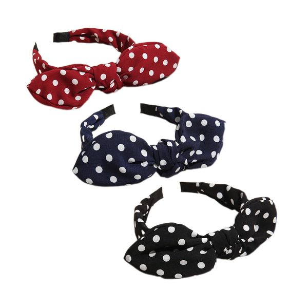 3Pcs Polka Dot Print Headband,Bowknot Headband Bow Knotted Hair Bands,Wide Band Cloth Hairbands Hair Hoop Bunny Ear Hair Accessories Twisted Headwrap for Women Girls(Red + Black + Navy)