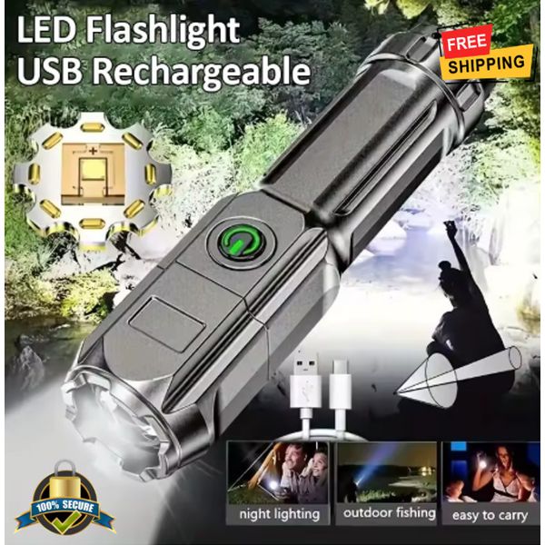 LED Flashlight USB Rechargeable Waterproof Zoom Light for Outdoor & Emergency