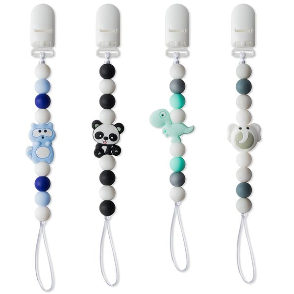 4Pcs Silicone Pacifier Clip for Babies Infant Animal Teething Panda Dinosaur Elephant Raccoon Soothie Toy Teethers Clips for Baby Shower Birthday Keepsake Christmas New Year Gift