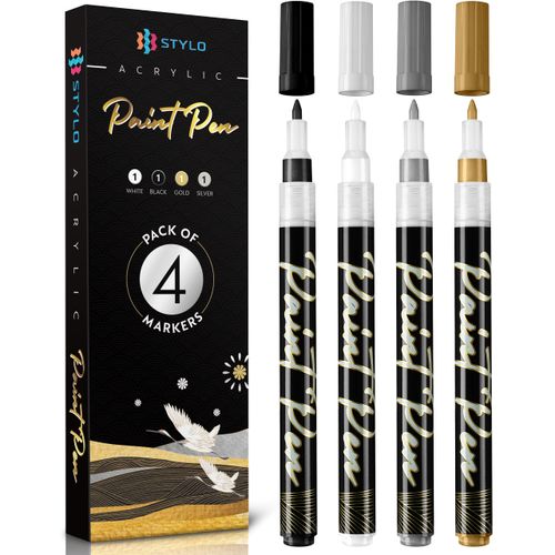 Stylo Metallic Acrylic Paint Pens - White, Black, Gold and Silver Permanent Acrylic Markers for Christmas Cards, Glass, Ceramic, Rock Painting, Ideal for Arts and Crafts (Pack of 4)