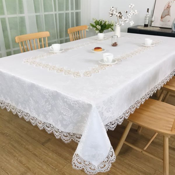 BrekSdat White Lace Tablecloth 72 x 126 Inches for Rectangle Tables Carnation Lace Beautiful Decor for Dinning Home Holiday Kitchen Wedding Thanksgiving Christmas Banquet Washable Tablelinen