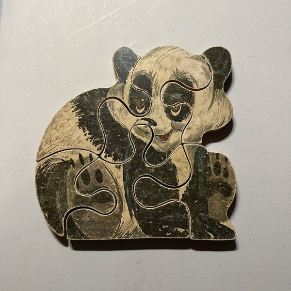 Wooden Block Puzzle Childrens Panda 1980s Vintage 8" x 7.5" Toy Early Learning