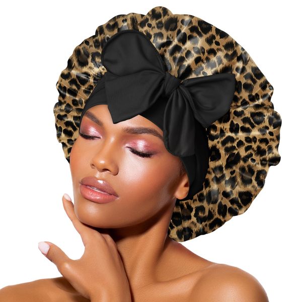 BONNET QUEEN Silk Bonnet for Sleeping Women Satin Bonnet Hair Bonnet Night Sleep Cap Head Cover wrap Scarf for Curly Hair with tie Band Leopard