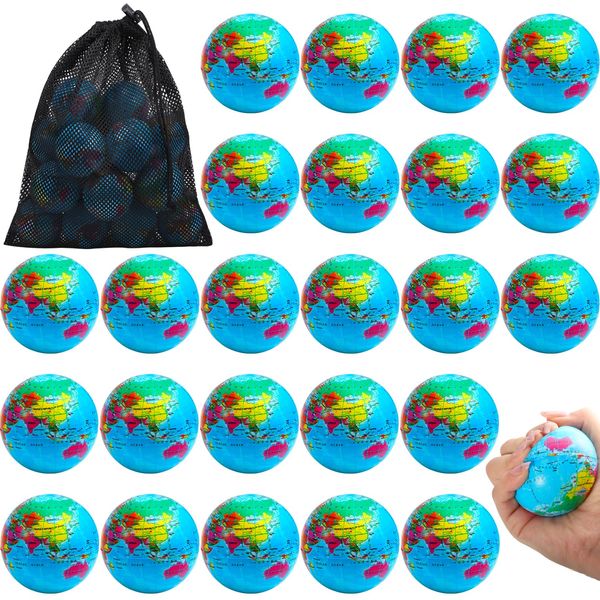 Erinnmy 24 Pcs Globe Squeeze Balls,2.5in Mini World Stress Balls,Earth Stress Relief Balls,Foam Earth Squeeze Balls for Kids,Soft Globe Foam Stress Ball Toy for Finger Exercise School Party Favors