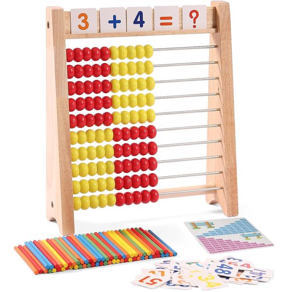 Elvozvets Wooden Abacus for Kids Math Learning Tool with Counting Sticks Numbers 1-100 Cards Math Counters Toys for 1st 2nd Grade Preschool Boys Girls Educational Early Math Learning Toy