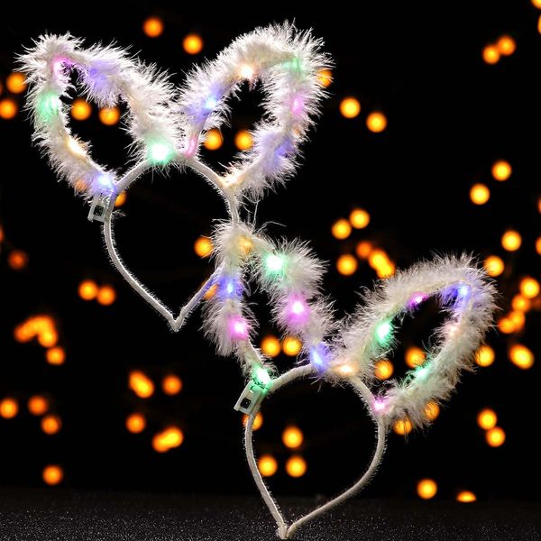 EVILD LED Bunny Ear Headband Feather Light up Rabbit Ear Hair Hoop Christmas Glowing Decoration Headdress for Women and Girls (White B 2pc)