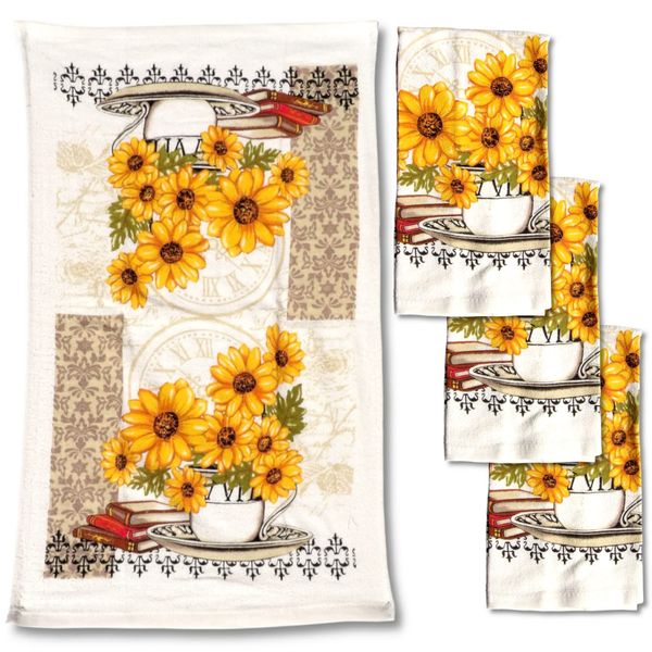 Lobyn Value Packs 4 Pack Absorbent Lightweight Kitchen Dish Towels 15x25 Cotton Poly (Sunflowers)