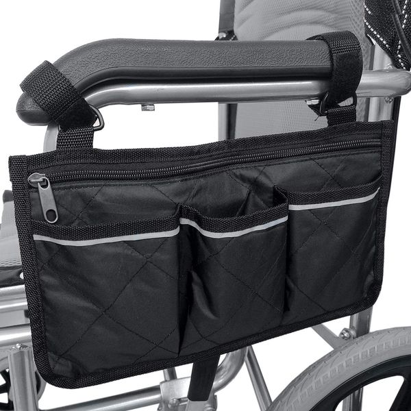 Wheelchair Side Bag, Waterproof Wheelchair Armrest Pouch Bag Organizer Pocket and Scooter Walker (Black)