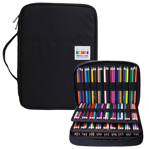 BOMKEE Pencil Case for Adults 220 Slots Pencase Colored Pencils Gel Pen Organizer Bag with Zipper for Artist Handy Glitter Gel Pens, Refills, Waterproof Coloring Holder Pencils Case(Black)