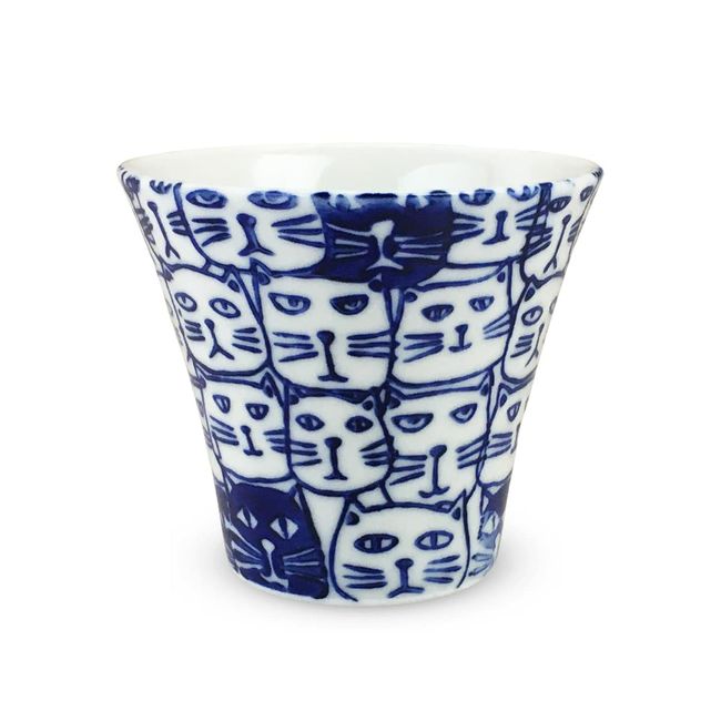 J Kitchens Izan Kiln Japanese Sake Glass Microwave Safe Hasami Ware Made in Japan (Sake / Cold Sake Ochoko Pattern 130cc Porcelain) Cat Blue