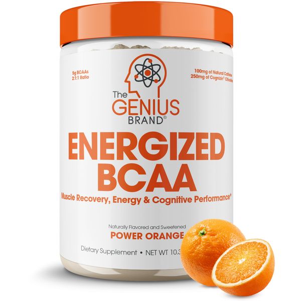 Genius BCAA Energy Powder, Orange - Nootropic Amino Acids & Muscle Recovery - Natural Vegan BCAAs Workout Supplement for Women & Men (Pre, Intra & Post Workout) - No Artificial Sweeteners