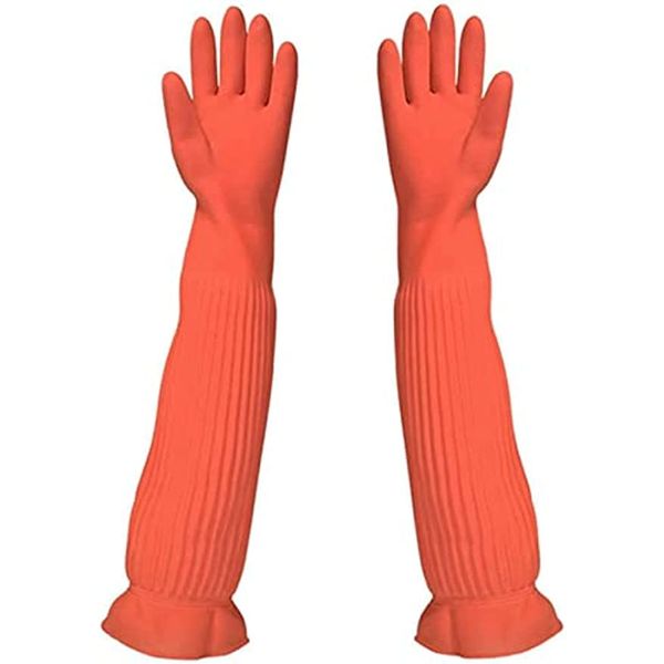 [SENKAR] Thick Rubber Gloves, Super Long (1 Pair), Kitchen Gloves, Cooking Gloves, Waterproof Gloves, Kitchen Long, Long Sleeve, Cleaning Gloves, Cinching, Dishwashing, Cleaning, Gardening Gloves (Orange, M)