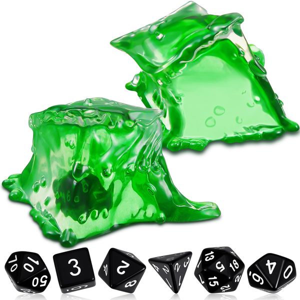 Deekin Dice Jail Gelatinous Cube Dice Prison Resin Dice Cage, 7 Role Playing Dice with Dice Container Black Polyhedral Dice Set Miniature Accessory for Gatherings Activity Party Game Gift Set (Green)