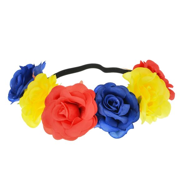 Love Sweety BOHO Floral Crown Rose Flower Headband Hair Wreath (Red Yellow Blue Elastic Ribbon)