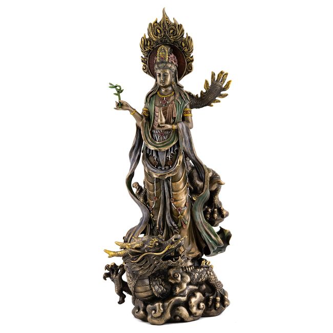 Top Collection Quan Yin on Dragon Statue - Kwan Yin Asian Goddess of Mercy and Compassion in Premium Cold Cast Bronze- 14-Inch Avalokiteshvara Collectible Figurine