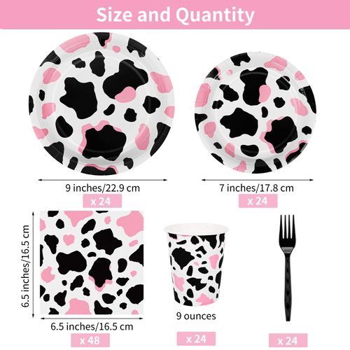 durony 144 Pieces Pink Cow Print Party Tableware Set Including Cowgirl Pink Cow Party Plates Cups Napkins Forks Serves 24 for Baby Shower Farm Cow Party Decorations