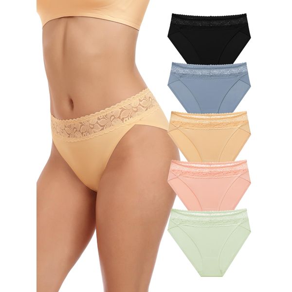 habibee 5 Pack Seamless Womens Underwear, Soft and Breathable Ladies Lace Briefs for Women, Cheeky Stretch Bikini Panties