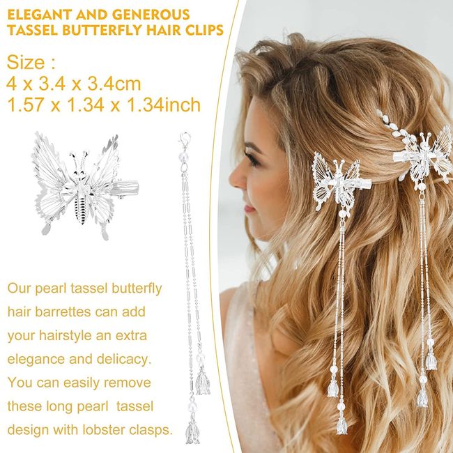 Silver Butterfly Hair Pins Butterfly Hair Clips Tassel Hair Barrettes Metal Butterfly Hairpins Bride Wedding Head Pieces Hair Accessories for Women Girls (Pack of 2)