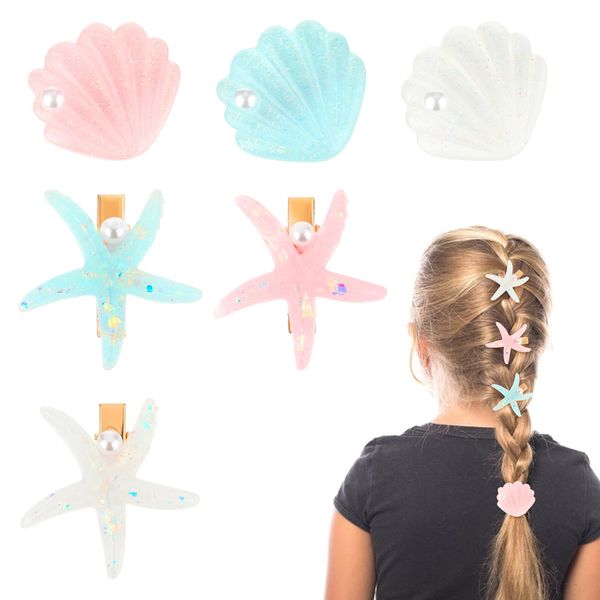 Nogeqi 6 Pcs Seashell Starfish Hair Clip Set, Cute Princess Shell Beach Hair Clips, Pearl Mermaid Beach Hair Accessories for Ladies Girls Bride (Candy Color)