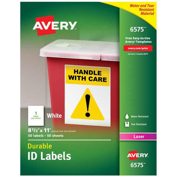 Avery Durable White Cover Up ID Labels for Laser Printers, 8.5" x 11", Pack of 50 (6575)