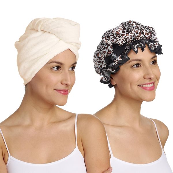 Turbie Twist Deluxe Wet Dry Set - Microfiber Hair Towel Wrap & Stylin' Shower Cap - Travel & Bathroom Essentials - Quick Dry Hair Turban (Tan) & Reusable Shower Cap (Leopard Print)