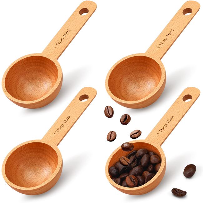 4 Pieces Coffee Scoop Wooden Coffee Spoon in Beech, Wood Coffee Measure Scoop Wooden Tablespoon for Measuring Coffee Beans or Tea Home Kitchen Accessories (15 ml)