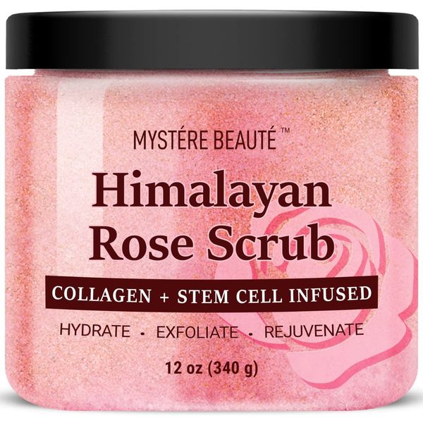 Himalayan Salt Body Scrub 12 oz - with Collagen and Stem Cells - Exfoliating Salt Scrub for Cellulite - Deep Cleansing for Acne, Scars, Wrinkles - Moisturizes Skin