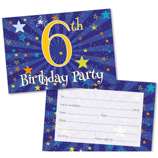 Age 6 Party Invitations Kids. Pack of 36. Blue Starburst themed invitation with matching envelopes. 120 x 172mm. Party Invites, Birthday Party Invitations. Designed and Printed in UK.