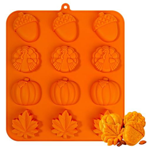 Kamehame Fall Silicone Mold Halloween Thanksgiving Fall Theme Silicone Mold, Maple Leaf Acorn Pumpkin Turkey Shape Cake Pan for Cupcake Resin Candle Soap