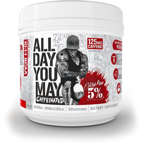 5% Nutrition Rich Piana AllDayYouMay Caffeinated BCAA Energy Powder | Premium Pre Workout Amino Energy & Electrolytes | Hydration, Endurance & Recovery | 16.08 oz, 25 Servings (Fruit Punch)