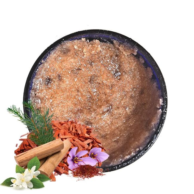 Face & Body Skin Scrub - Real EXQUISITE SANDALWOOD Herbal Cleansing Exfoliating - Dead Sea & Himalayan Pink Salts, Saffron, Amber, Jasmine - Botanical Extracts and Essential Oils - All Natural - 16oz