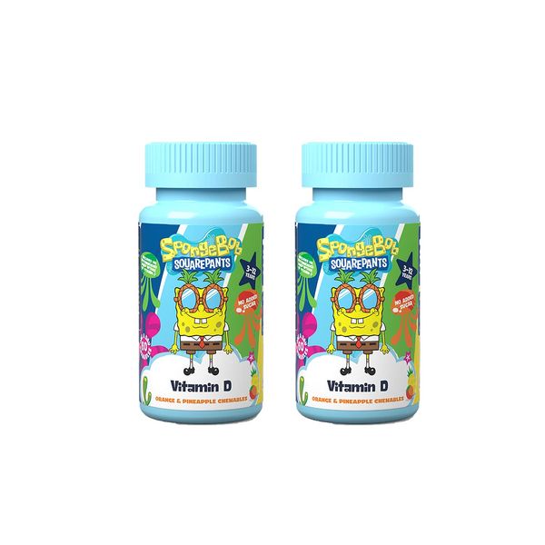 SpongeBob SquarePants Vitamin D, 60 Orange & Pineapple Chewables, Vegan, No Added Sugar, for 3-12 Year Olds Duo Pack