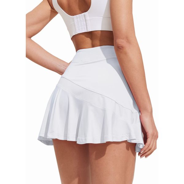 Ekouaer Tennis Golf Skirt Solid Running 2 Layer Pleated Skorts Casual Sports Apparel White