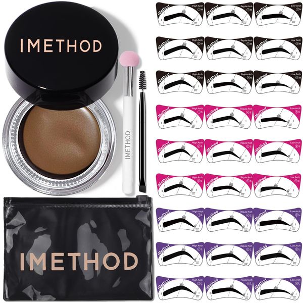 iMethod Eyebrow Stamp Stencil Kit - Brow Stamp and Stencil Kit with Brow pomade, 27 Reusable Stencils, Dual-ended Brush and Sponge Applicator, Brow Trio Eyebrow Kit, Easy to Use, Reddish Brown