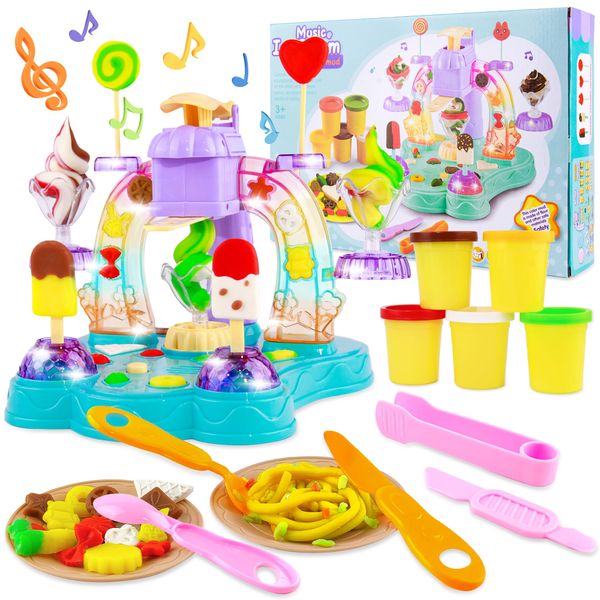 Playdough Ice Cream Set with Music and Lights Dough Set Gift for Kids, Pretend Play Kitchen Accessories, Arts and Crafts Toys with Cups, Plates, Spoons, Forks, Knives, Popsicle Molds and Food Molds