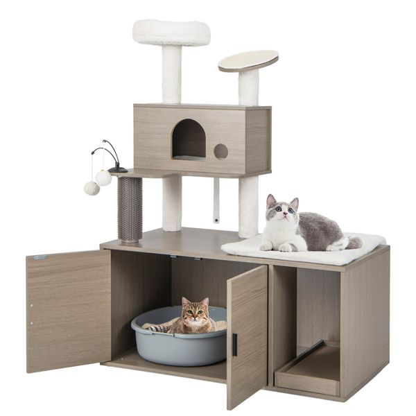 Cat Tree with Litter Box Enclosure 2-in-1 Modern Cat Tower with Cat Condo