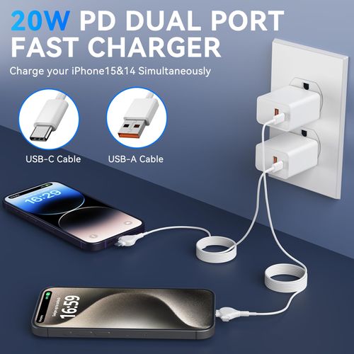 iPhone 15 14 Pro Max Charger Fast Charging, 20W Dual Port USB-C Fast Wall Charger Block with 6.6FT 2-in-1 Long USB-C to USB-C&L-ightning Cable Cord for iPhone 15/14/Plus/Pro/Pro Max /13/12/iPad -2Pack