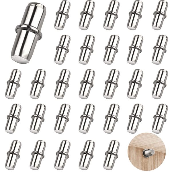 Shelf Support Pegs 30Pcs 5mm Metal Shelf Pegs for Kitchen Cabinet Bookcase Closet Wardrobe Cupboard Wood Glass Shelves Supports, Nickel Plated Shelf Bracket Pegs Pins