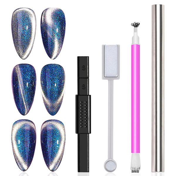 JERCLITY 4 Pieces Cat Eye Magnet for Nails Lengthen Double Ended Cylindrical Nail Magnet Double-Head Nail Magnetic Stick Multi-Function Magnet Board Nail Magnet Tool for Cat Eye Gel Polish Nail Art