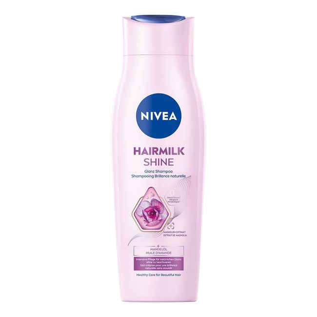 NIVEA Pflegeshampoo Hairmilk Shine Glanz, Shampoo ohne Silikone für trockene Haare mit Mandelöl und Magnolien-Extrakt, Haarshampoo regeneriert von innen und außen (250 ml)