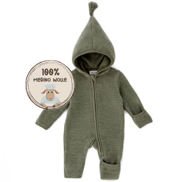 MIRARI Kids ® Fleece Baby Jumpsuit Made of 100% Merino Wool with Zip, Green/Zipper