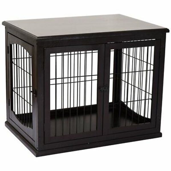 Wooden Dog Crate Table Decorative Pet Cage End Table 26" Double Doors Dark Brown