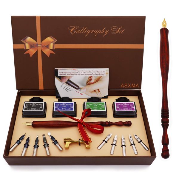 ASXMA Calligraphy Pen Set – Includes Wooden Dip Pen, Antique Brass Holder, 11 Nibs, 4 Colors Ink Bottles and Beginner's Manual-for Beginners and Calligraphy Lovers