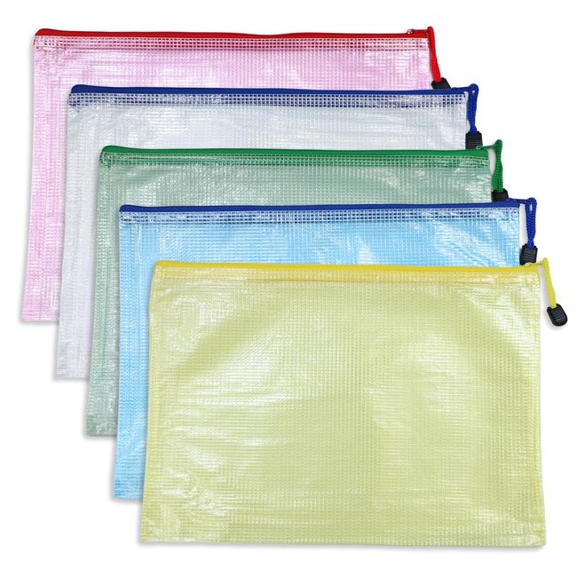 FLE-005 Zippered File Case, B5, 5 Pieces (Set of 5 Colors), Mesh, Waterproof, Storage Bag, Sparkling and Puffy Round