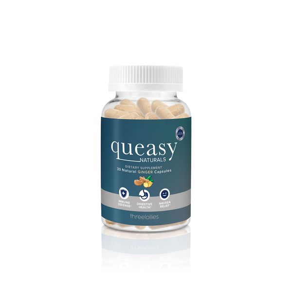 Three Lollies Queasy Naturals Ginger Capsules – The Natural Way to Ease Queasiness – Doctor Developed, Clean Ingredients - 15 Servings (2 Capsules/Serving) – Supports Immune Defense & Digestion