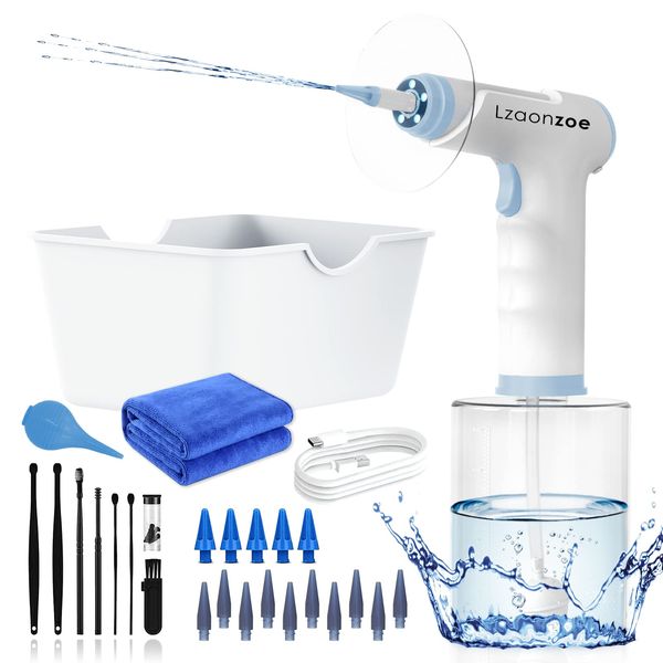 Ear Wax Removal, Ear Cleaner for Home Ear Irrigation, Ear Wax Removal Kit with 4 Water Pressure, Safe and Effective Ear Wax Remover for Ear Cleaning, Electric Earigator with Basin & 15 Disposable Tips