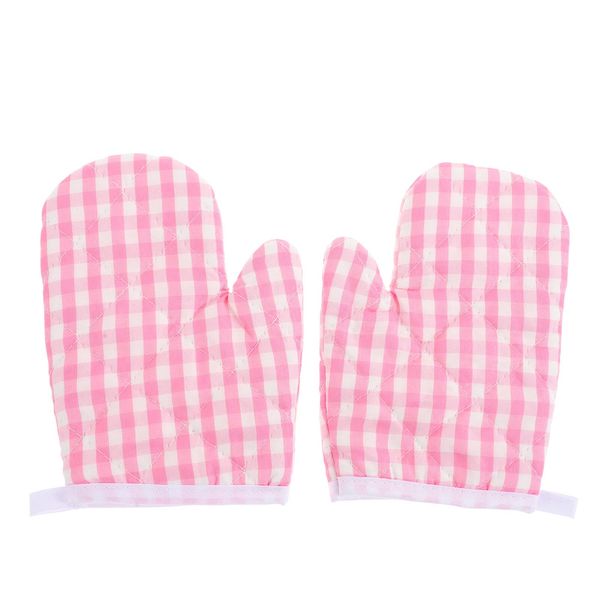 Angoily 2Pcs Kids Oven Mitts for Children Play Kitchen, Microwave Oven Gloves Kitchen Baking Mitts, Pink Checkered Heat Resistant Kitchen Mitts for Safe Backing Cooking BBQ (Pink)